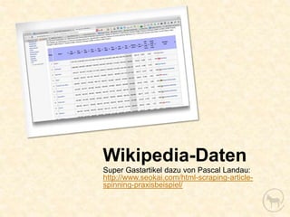 Wikipedia-Daten
Super Gastartikel dazu von Pascal Landau:
http://www.seokai.com/html-scraping-article-
spinning-praxisbeispiel/
 