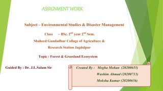 ASSIGNMENTWORK
Subject – Environmental Studies & Disaster Management
Class – BSc. 2nd year 2nd Sem.
Shaheed Gundadhur Collage of Agriculture &
Research Station Jagdalpur
Guided By : Dr. J.L.Salam Sir
Topic : Forest & Grassland Ecosystem
Created By : Megha Mohan (20200655)
Washim Ahmad (20200713)
Moksha Kumar (20200656)
 