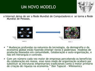 A  Internet deixa de ser a Rede Mundial de Computadores e  se torna a Rede Mundial de Pessoas. “  Mudanças profundas na natureza da tecnologia, da demografia e da economia global estão fazendo emergir novos e poderosos  modelos de produção baseados em comunidade, colaboração e auto-organização, e não em hierarquia e controle. Com um número cada vez maior de empresas percebendo os benefícios da colaboração em massa, esse novo modo de organização acabará por substituir as estruturas empresariais tradicionais como o motor primário de criação de riqueza na economia.” Don Tapscot - Wikinomics UM NOVO MODELO 