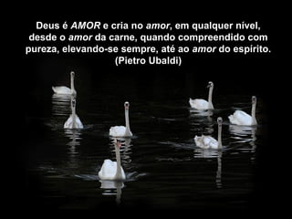 Deus é AMOR e cria no amor, em qualquer nível,
 desde o amor da carne, quando compreendido com
pureza, elevando-se sempre, até ao amor do espírito.
                  (Pietro Ubaldi)
 