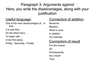 Paragraph 3: Arguments against
Here, you write the disadvantages, along with your
                    justification
Useful language:                      Connectors of addition
One of the main disadvantages of…is   Moreover
     that…                            Besides,
It is said that…                      What is more,
On the other hand, …                  In addition
To begin with,…                       For example
In the first place,
Firstly, / Secondly, / Finally
                                      Connectors of result
                                      For this reason
                                      So
                                      Consequently
                                      As a result
                                      Thus
 