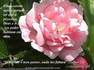 Estou sereno agora, porque sei que a presença  de Deus e o  seu poder  habitam em mim. “ O Senhor é meu pastor, nada me faltará”  (Salmo 23) www.otimismoemrede.com 