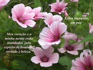 Estou tranqüilo, em paz.   Meu coração e a minha mente estão inundados  pelo espírito de bondade, verdade e beleza.   