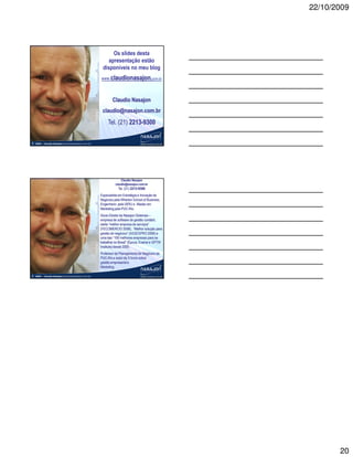 22/10/2009



A força da tecnologia na era digital


                                                            Os slides desta
                                                          apresentação estão
                                                       disponíveis no meu blog
                                                      www.claudionasajon.com.br



                                                              Claudio Nasajon
                                                       claudio@nasajon.com.br
                                                           Tel. (21) 2213-9300


©   2009 – Claudio Nasajon (claudio@nasajon.com.br)




A força da tecnologia na era digital                                Claudio Nasajon
                                                                claudio@nasajon.com.br
                                                                  Tel. (21) 2213-9300
                                                      Especialista em Estratégia e Inovação de
                                                      Negócios pela Wharton School of Business,
                                                      Engenheiro pela UERJ e Master em
                                                      Marketing pela PUC-Rio.
                                                      Sócio-Diretor da Nasajon Sistemas –
                                                      empresa de software de gestão contábil,
                                                      eleita “melhor empresa de serviços”
                                                      (FECOMERCIO 2008), “Melhor solução para
                                                      gestão de negócios” (ASSESPRO 2008) e
                                                      uma das “100 melhores empresas para se
                                                      trabalhar no Brasil” (Época, Exame e GPTW
                                                      Institute) desde 2005.
                                                      Professor de Planejamento de Negócios da
                                                      PUC-Rio e autor de 5 livros sobre
                                                      gestão empresarial e
                                                      Marketing.

©   2009 – Claudio Nasajon (claudio@nasajon.com.br)




                                                                                                         20
 