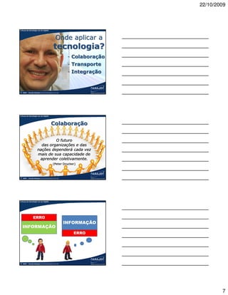 22/10/2009



A força da tecnologia na era digital




                                              Onde aplicar a
                                           tecnologia?
                                                       - Colaboração
                                                       - Transporte
                                                       - Integração



©   2009 – Claudio Nasajon (claudio@nasajon.com.br)




A força da tecnologia na era digital




                                        Colaboração


                               O futuro
                        das organizações e das
                      nações dependerá cada vez
                      mais de sua capacidade de
                       aprender coletivamente.
                                           (Peter Drucker)



©   2009 – Claudio Nasajon (claudio@nasajon.com.br)




A força da tecnologia na era digital




                 ERRO
                                                      INFORMAÇÃO
    INFORMAÇÃO
                                                         ERRO




©   2009 – Claudio Nasajon (claudio@nasajon.com.br)




                                                                               7
 