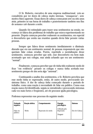 20
O Sr. Roberto, executivo de uma empresa multinacional, veio ao
consultório por ter dores de cabeça muito intensas, “enxaquecas”, sem
motivo físico aparente. Essas dores de cabeça começaram sete ou oito anos
atrás, primeiro só nas horas de trabalho e posteriormente também nos fins
de semana e até durante a noite.
Quando foi estimulado para trazer seus sentimentos na sessão, no
começo só falava dos problemas de trabalho que estava experimentando no
presente. Depois começou perceber realmente os sentimentos, em especial
o desconforto que sentia nas reuniões quando devia falar perante várias
pessoas.
Sempre que falava desse sentimento imediatamente o diminuía
dizendo que era um sentimento normal, de pessoas responsáveis que não
queriam falar coisas erradas. Porém, repetindo a mentalização desse
sentimento, começou perceber que nele, esse desconforto era bem mais
acentuado que nos colegas, mas ainda achando que era um sentimento
“normal”.
Finalmente, começou perceber que ele tinha tido realmente medo de
ficar “em evidência” perante os colegas e nunca tinha aceitado esse
sentimento porque ele sim seria algo “anormal”.
Continuando a analise dos sentimentos, o Sr. Roberto percebeu que
esse medo tinha se expressado, então, de outro modo, provocando um
sintoma físico. A dor de cabeça tinha começado durante o período de
trabalho, como uma reação à necessidade de falar em publico. Como essa
reação nunca foi identificada, seguiu se estendendo e provocando sintomas
cada vez mais fortes e freqüentes, até ele procurar ajuda psicológica.
Podemos representar esse processo do seguinte modo:
Estímulo
negativo:
Falar em
público
Reação afetiva:
Medo
Comportamento:
Repressão do medo
Energia
psicológica:
Utilizada pela
Repressão:
Desgaste
Sintoma
Dor de Cabeça
 