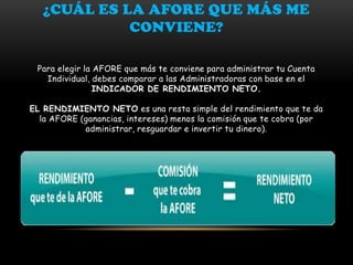 ¿CUÁL ES LA AFORE QUE MÁS ME
             CONVIENE?

 Para elegir la AFORE que más te conviene para administrar tu Cuenta
   Individual, debes comparar a las Administradoras con base en el
                INDICADOR DE RENDIMIENTO NETO.

EL RENDIMIENTO NETO es una resta simple del rendimiento que te da
  la AFORE (ganancias, intereses) menos la comisión que te cobra (por
            administrar, resguardar e invertir tu dinero).
 