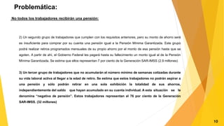 Problemática:
No todos los trabajadores recibirán una pensión:
2) Un segundo grupo de trabajadores que cumplen con los requisitos anteriores, pero su monto de ahorro será
es insuficiente para comprar por su cuenta una pensión igual a la Pensión Mínima Garantizada. Este grupo
podrá realizar retiros programados mensuales de su propio ahorro por el monto de esa pensión hasta que se
agoten. A partir de ahí, el Gobierno Federal les pagará hasta su fallecimiento un monto igual al de la Pensión
Mínima Garantizada. Se estima que ellos representan 7 por ciento de la Generación SAR-IMSS (2.9 millones)
3) Un tercer grupo de trabajadores que no acumularán el número mínimo de semanas cotizadas durante
su vida laboral activa al llegar a la edad de retiro. Se estima que estos trabajadores no podrán aspirar a
una pensión y sólo podrán retirar en una sola exhibición la totalidad de sus ahorros,
independientemente del saldo que hayan acumulado en su cuenta individual. A esta situación se le
denomina “negativa de pensión”. Estos trabajadores representan el 76 por ciento de la Generación
SAR-IMSS. (32 millones)
10
 