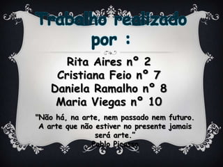 Tema de grupo : Arte MedievalA arte europeia foi marcada por uma forte influência da Igreja Católica.Pinturas, esculturas, livros, construções e outras manifestações artísticas eram influenciados e supervisionadas pelo clero católico. Dentro da Arte Medieval temos: 