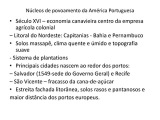 Núcleos de povoamento da América Portuguesa
• Século XVI – economia canavieira centro da empresa
agrícola colonial
– Litoral do Nordeste: Capitanias - Bahia e Pernambuco
• Solos massapê, clima quente e úmido e topografia
suave
- Sistema de plantations
• Principais cidades nascem ao redor dos portos:
– Salvador (1549-sede do Governo Geral) e Recife
– São Vicente – fracasso da cana-de-açúcar
• Estreita fachada litorânea, solos rasos e pantanosos e
maior distância dos portos europeus.
 