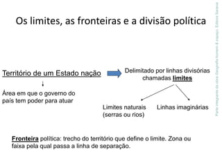 Os limites, as fronteiras e a divisão política
Território de um Estado nação
Área em que o governo do
país tem poder para atuar
Delimitado por linhas divisórias
chamadas limites
Limites naturais
(serras ou rios)
Linhas imaginárias
Fronteira política: trecho do território que define o limite. Zona ou
faixa pela qual passa a linha de separação.
ParteintegrantedaobraGeografiahomem&espaço,EditoraSaraiva
 