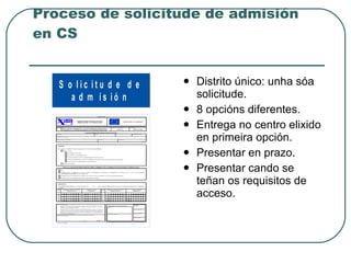 Proceso de solicitude de admisión en CS Distrito único: unha sóa solicitude. 8 opcións diferentes. Entrega no centro elixido en primeira opción. Presentar en prazo. Presentar cando se teñan os requisitos de acceso. 