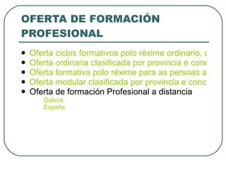 OFERTA DE FORMACIÓN PROFESIONAL Oferta ciclos formativos polo réxime ordinario, curso 2010-2011 Oferta ordinaria clasificada por provincia e concello  Oferta formativa polo réxime para as persoas adultas, curso 2010-2011 Oferta modular clasificada por provincia e concello  Oferta de formación Profesional a distancia Galicia España 