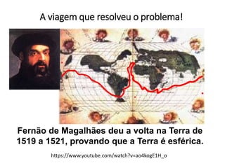 A viagem que resolveu o problema!
Fernão de Magalhães deu a volta na Terra de
1519 a 1521, provando que a Terra é esférica.
https://www.youtube.com/watch?v=ao4kogE1H_o
 