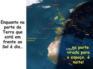 Enquanto na
parte da
Terra que
está em
frente ao
Sol é dia…
França
Islândia
Itália
Inglaterra
ÁFRICA
Amanhece
desde ali
Espanha
… na parte
virada para
o espaço, é
noite!
 