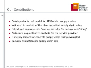 Our ContributionsDeveloped a formal model for RFID-aided supply chainsValidated in context of the pharmaceutical supply chain rolesIntroduced separate role “service provider for anti-counterfeiting”Performed a quantitative analysis for the service providerMonetary impact for concrete supply chain sizing evaluatedSecurity evaluation per supply chain roleHICSS11, Enabling RFID in Pharmaceutical Supply Chains, Schapranow, Jan 6, 201116