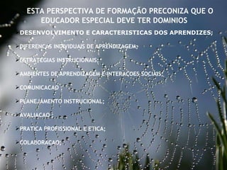27/09/11 ESTA PERSPECTIVA DE FORMAÇÃO PRECONIZA QUE O EDUCADOR ESPECIAL DEVE TER DOMINIOS  DESENVOLVIMENTO E CARACTERISTICAS DOS APRENDIZES; DIFERENCAS INDIVIDUAIS DE APRENDIZAGEM; ESTRATEGIAS INSTRUCIONAIS; AMBIENTES DE APRENDIZAGEM E INTERACOES SOCIAIS; COMUNICACAO ; PLANEJAMENTO INSTRUCIONAL;  AVALIACAO ;  PRATICA PROFISSIONAL E ETICA; COLABORACAO;  