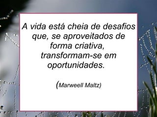 27/09/11 A vida está cheia de desafios que, se aproveitados de forma criativa,  transformam-se em oportunidades.  ( Marweell Maltz) 