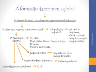 A formação da economia global 
O desenvolvimento tecnológico e o processo de globalização 
Grandes mudanças no contexto mundial 1ª Revolução 
Industrial 
Séc. XVIII; 
Inglaterra; 
Carvão mineral; 
Máquinas a vapor; 
Maquinofatura. 
2ª Revolução 
Industrial 
Séc. XIX; 
EUA, Japão, França, Alemanha, etc.; 
Petróleo; 
Motor à combustão. 
Regime Fordista 
Regime Fordista/ Taylorista 
Produção em série; 
Divisão de tarefas. 
Linha de produção. 
Consolidação do capitalismo EUA 
Prof. Paulo Dantas 
 