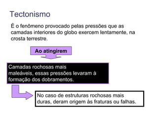 TectonismoÉ o fenômeno provocado pelas pressões que as camadas interiores do globo exercem lentamente, na crosta terrestre.Ao atingiremCamadas rochosas mais maleáveis, essas pressões levaram à formação dos dobramentos.No caso de estruturas rochosas mais duras, deram origem às fraturas ou falhas.