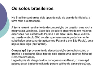 Os solos brasileiros No Brasil encontramos dois tipos de solo de grande fertilidade: a terra roxa e o massapê.A terra roxa é resultante da decomposição do basalto, uma rocha magmática vulcânica. Esse tipo de solo é encontrado em maiores extensões nos estados do Paraná e de São Paulo. Nele, cultiva-se, desde o século XIX, o café, que vem sendo gradativamente substituído pela cana-de-açúcar (no Paraná e em São Paulo), pela soja e pelo trigo (no Paraná).O massapê é proveniente da decomposição de rochas como o granito e o calcário. Esse tipo de solo cobre uma extensa faixa do Nordeste brasileiro.Logo depois da chegada dos portugueses ao Brasil, o massapê passou a ser bastante utilizado para o cultivo da cana-de-açúcar.