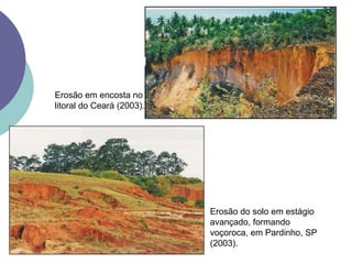 Erosão em encosta no litoral do Ceará (2003).Erosão do solo em estágio avançado, formando voçoroca, em Pardinho, SP (2003).