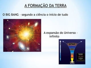 A FORMAÇÃO DA TERRA O BIG BANG – segundo a ciência o início de tudo                                             A expansão do Universo –                                                   infinito 