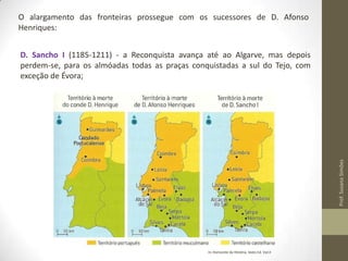 O alargamento das fronteiras prossegue com os sucessores de D. Afonso
Henriques:

Prof. Susana Simões

D. Sancho I (1185-1211) - a Reconquista avança até ao Algarve, mas depois
perdem-se, para os almóadas todas as praças conquistadas a sul do Tejo, com
exceção de Évora;

In, Horizonte da História, texto Ed. Vol.II

 