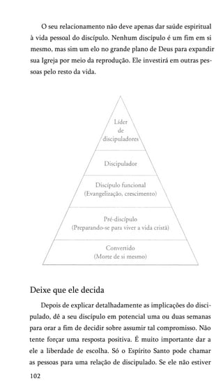O seu relacionamento não deve apenas dar saúde espiritual
à vida pessoal do discípulo. Nenhum discípulo é um fim em si
mesmo, mas sim um elo no grande plano de Deus para expandir
sua Igreja por meio da reprodução. Ele investirá em outras pes­
soas pelo resto da vida.

Deixe que ele decida
Depois de explicar detalhadamente as implicações do disci­
pulado, dê a seu discípulo em potencial uma ou duas semanas
para orar a fim de decidir sobre assumir tal compromisso. Não
tente forçar uma resposta positiva. É muito importante dar a
ele a liberdade de escolha. Só o Espírito Santo pode chamar
as pessoas para uma relação de discipulado. Se ele não estiver
102

 
