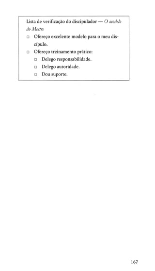 Lista de verificação do discipulador — O modelo

do Mestre
□ Ofereço excelente modelo para o meu dis­
cípulo.
□ Ofereço treinamento prático:
□ Delego responsabilidade.
□ Delego autoridade.
□ Dou suporte.

167

 