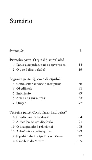 Sumário

Introdução

9

Primeira parte: O que é discipulado?
1 Fazer discípulos, e não convertidos

14

2 O que é discipulado?

19

Segunda parte: Quem é discípulo?
3 Como saber se você é discípulo?
4 Obediência

36
41

5 Submissão
6 Amar uns aos outros

49
63

7 Oração

77

Terceira parte: Como fazer discípulos?
8
9
10
11
12

Criado para reproduzir
A escolha de um discípulo
O discipulado é relacionai
A dinâmica do discipulado
0 padrão do discípulo: excelência

13 0 modelo do Mestre

84
91
105
123
142
155

7

 