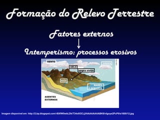 Fatores externos
Formação do Relevo Terrestre
Intemperismo: processos erosivos
Imagem disponível em: http://2.bp.blogspot.com/-l8XfW5wbLDk/T34xIiOCLjI/AAAAAAAABK8/vlgoye2PcP0/s1600/12.jpg
 