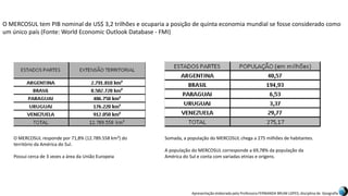 Apresentação elaborada pela Professora FERNANDA BRUM LOPES, disciplina de Geografia
O MERCOSUL tem PIB nominal de US$ 3,2 trilhões e ocuparia a posição de quinta economia mundial se fosse considerado como
um único país (Fonte: World Economic Outlook Database - FMI)
O MERCOSUL responde por 71,8% (12.789.558 km²) do
território da América do Sul.
Possui cerca de 3 vezes a área da União Europeia
Somada, a população do MERCOSUL chega a 275 milhões de habitantes.
A população do MERCOSUL corresponde a 69,78% da população da
América do Sul e conta com variadas etnias e origens.
 