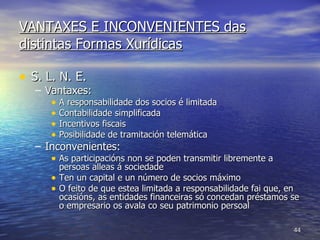 VANTAXES E INCONVENIENTES das distintas Formas Xurídicas S. L. N. E. Vantaxes: A responsabilidade dos socios é limitada Contabilidade simplificada Incentivos fiscais Posibilidade de tramitación telemática Inconvenientes: As participacións non se poden transmitir libremente a persoas alleas á sociedade Ten un capital e un número de socios máximo  O feito de que estea limitada a responsabilidade fai que, en ocasións, as entidades financeiras só concedan préstamos se o empresario os avala co seu patrimonio persoal 