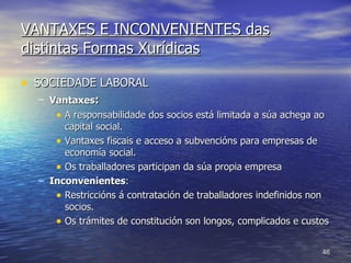 VANTAXES E INCONVENIENTES das distintas Formas Xurídicas SOCIEDADE LABORAL Vantaxes : A responsabilidade dos socios está limitada a súa achega ao capital social. Vantaxes fiscais e acceso a subvencións para empresas de economía social. Os traballadores participan da súa propia empresa Inconvenientes : Restriccións á contratación de traballadores indefinidos non socios.  Os trámites de constitución son longos, complicados e custos 
