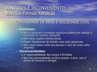 VANTAXES E INCONVENIENTES das distintas Formas Xurídicas COMUNIDADE DE BENS E SOCIEDADE CIVIL Vantaxes : Non é necesario formalizar escritura pública nin realizar a inscrición no rexistro mercantil. Non esixe capital mínimo inicial. Pagan fiscalmente de acordo coas súas ganancias. Non recae sobre unha soa persoa o risco de crear unha empresa Inconvenientes: A responsabilidade dos socios é ilimitada  Non ten personalidade xurídica propia, é dicir, non é titular de dereitos e obrigas. 