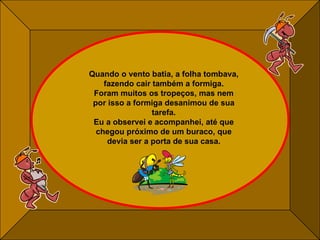 Quando o vento batia, a folha tombava, fazendo cair também a formiga. Foram muitos os tropeços, mas nem por isso a formiga desanimou de sua tarefa. Eu a observei e acompanhei, até que chegou próximo de um buraco, que devia ser a porta de sua casa. 