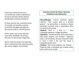 A fermosura desta fresca serra              Estrutura Formal do Texto e Recursos
E a sombra dos verdes castanheiros,              Estilísticos mais Relevantes
O manso caminhar destes ribeiros,
Donde toda a tristeza se desterra;
                                        Personificação: "manso caminhar destes
                                        ribeiros", "Das nuvens pelo ar a branda
O rouco som do mar, a estranha terra,
                                        guerra" - Ao personificar a natureza o Poeta
O esconder do Sol pelos outeiros,
                                        pretende transmitir toda a importância dela
O recolher dos gados derradeiros,
                                        na ausência da amada.
Das nuvens pelo ar a branda guerra;
                                        Anáfora: "Sem ti… / Sem ti…" - Esta
                                        reiteração expressa a mágoa do poeta.
Enfim, tudo o que a rara natureza
                                        Hipérbole: "perpetuamente estou passando,/
Com tanta variedade nos of'rece,
                                        Nas mores alegrias, mor tristeza" - Expressa
Me está, se não te vejo, magoando.
                                        toda a dor do poeta, ele quer transmitir todo
                                        o amor e toda a dor que lhe causa a
Sem ti, tudo me enoja e me aborrece;
                                        separação desse amor.
Sem ti, perpetuamente estou passando,
                                        Antítese: "Nas mores alegrias, mor tristeza" -
Nas mores alegrias, mor tristeza.
                                        Expressa toda a amargura que o poeta sente
                                        pela ausência da amada.
 