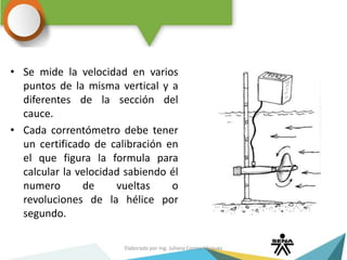 • Se mide la velocidad en varios
puntos de la misma vertical y a
diferentes de la sección del
cauce.
• Cada correntómetro debe tener
un certificado de calibración en
el que figura la formula para
calcular la velocidad sabiendo él
numero de vueltas o
revoluciones de la hélice por
segundo.
Elaborado por Ing. Juliana Correa Vásquez
 