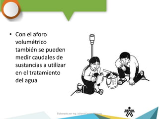 • Con el aforo
volumétrico
también se pueden
medir caudales de
sustancias a utilizar
en el tratamiento
del agua
Elaborado por Ing. Juliana Correa Vásquez
 