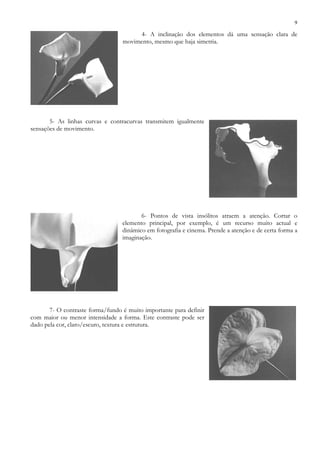 9
4- A inclinação dos elementos dá uma sensação clara de
movimento, mesmo que haja simetria.
5- As linhas curvas e contracurvas transmitem igualmente
sensações de movimento.
6- Pontos de vista insólitos atraem a atenção. Cortar o
elemento principal, por exemplo, é um recurso muito actual e
dinâmico em fotografia e cinema. Prende a atenção e de certa forma a
imaginação.
7- O contraste forma/fundo é muito importante para definir
com maior ou menor intensidade a forma. Este contraste pode ser
dado pela cor, claro/escuro, textura e estrutura.
 