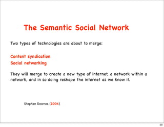 The Semantic Social Network
Two types of technologies are about to merge:


Content syndication
Social networking

They wi...