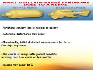 -Peripheral sensory loss is minimal or absent
-Autonomic disturbance may occur
-Occasionally, initial disturbed consciousness for hr or
few days may occur
-The course is benign with gradual complete
recovery over few weeks or few months
-Relapse may occur 10 %
25
 