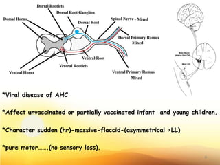 *Viral disease of AHC
*Affect unvaccinated or partially vaccinated infant and young children.
*Character sudden (hr)-massive-flaccid-(asymmetrical >LL)
*pure motor…….(no sensory loss).
9
 