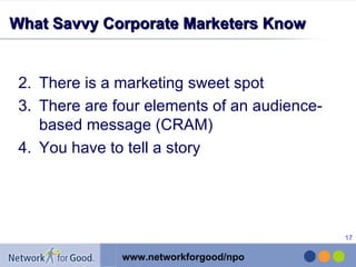 What Savvy Corporate Marketers Know There is a marketing sweet spot There are four elements of an audience-based message (CRAM) You have to tell a story 