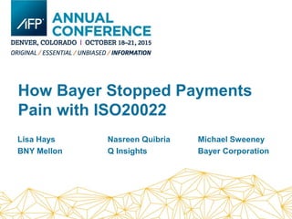 How Bayer Stopped Payments
Pain with ISO20022
Michael Sweeney
Bayer Corporation
Lisa Hays
BNY Mellon
Nasreen Quibria
Q Insights
 