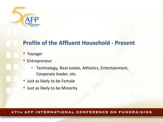 Profile of the Affluent Household - Present Younger Entrepreneur Technology, Real estate, Athletics, Entertainment, Corporate leader, etc. Just as likely to be Female Just as likely to be Minority 