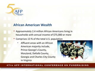African American Wealth Approximately 2.4 million African Americans living in households with annual income of $75,000 or more  Comprises 13 % of the total U.S. population Affluent areas with an African American majority include, Prince George's County, Maryland, DeKalb County, Georgia and Charles City County in Virginia 