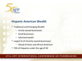 Hispanic American Wealth Traditional and Emerging Wealth: Family-owned businesses Small businesses Inherited wealth Largest % of minority owned businesses Ahead of Asian and African American 75% of Hispanics under the age of 40 