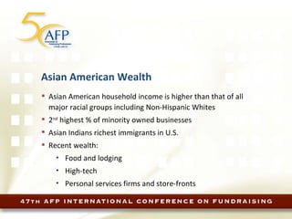 Asian American Wealth Asian American household income is higher than that of all major racial groups including Non-Hispanic Whites 2 nd  highest % of minority owned businesses Asian Indians richest immigrants in U.S. Recent wealth: Food and lodging High-tech Personal services firms and store-fronts 